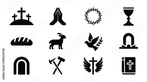 Minimalist religious emblem collection with crosses praying hands and sacred symbols on white background