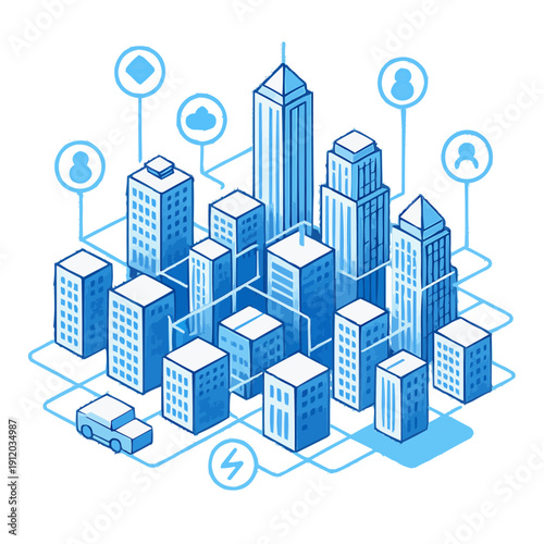 Smart city digital network with skyscrapers and technology icons flat design vector illustration