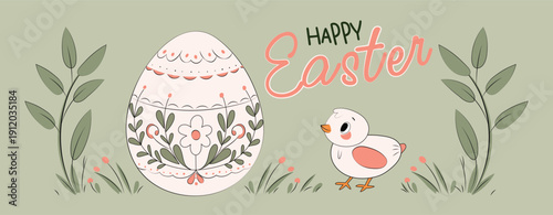 Easter greeting card with decorative egg, flowers and cute chick in pastel spring style