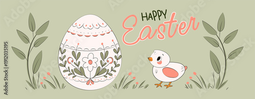 Easter greeting card with decorative egg, flowers and cute chick in pastel spring style
