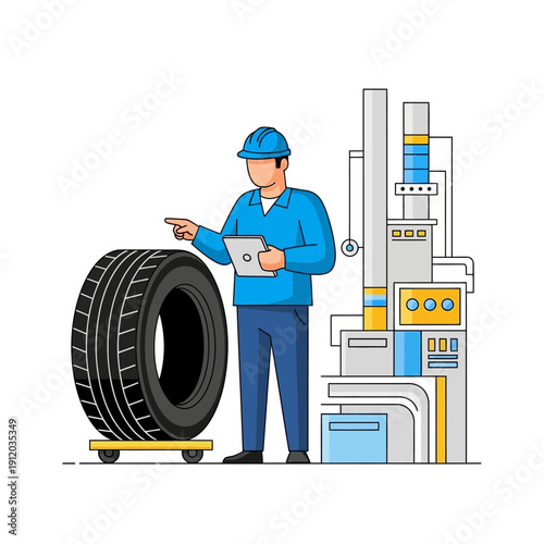 Factory worker inspecting tire with advanced machinery in production line