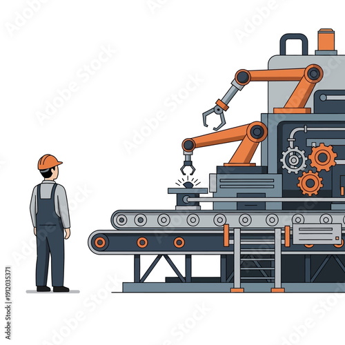 Factory worker observing automated robotic arms on assembly line in modern industrial production