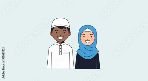 This flat design vector illustration portrays a Muslim boy and girl standing together, symbolizing friendship, diversity, and community among children. 