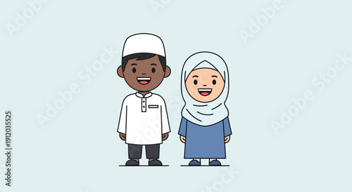 This flat design vector illustration portrays a Muslim boy and girl standing together, symbolizing friendship, diversity, and community among children. 