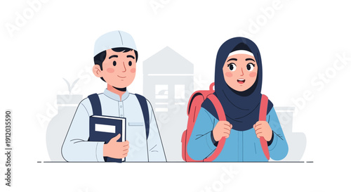This flat design vector illustration depicts a happy Muslim children ready going to school, symbolizing learning, knowledge, and childhood education. 
