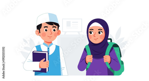 This flat design vector illustration depicts a happy Muslim children ready going to school, symbolizing learning, knowledge, and childhood education. 