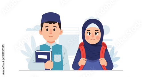 This flat design vector illustration depicts a happy Muslim children ready going to school, symbolizing learning, knowledge, and childhood education. 