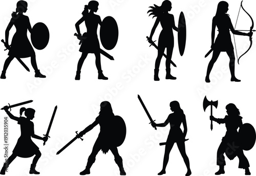 Female Warrior Silhouette Set Featuring Amazon Women with Swords Shields Bows and Axes for Fantasy Games Medieval Combat and Heroine Character Design