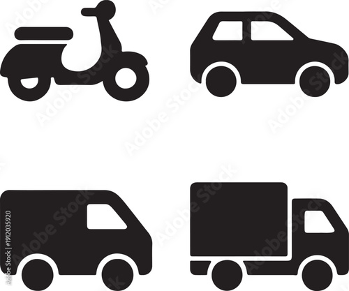 Transportation and Delivery Icon Set Scooter, Car, Van, and Logistics Truck Symbols