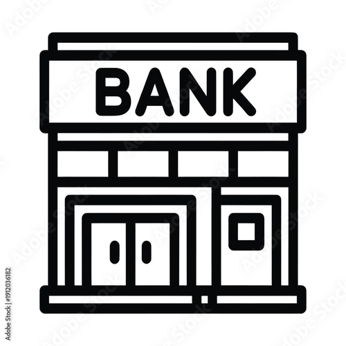 Bank building icon line art style with text signage above main entrance doors and side window design representing financial institute