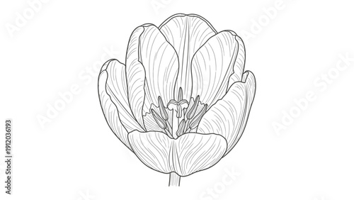 Detailed black and white line art illustration of an open tulip flower, showcasing its intricate botanical structure and delicate petals.