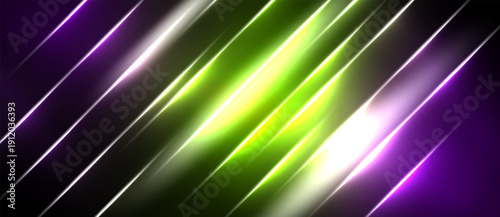 Abstract diagonal lines, vibrant green, purple hues. Bright light streaks create dynamic visual effect. Dark background emphasizes luminosity.