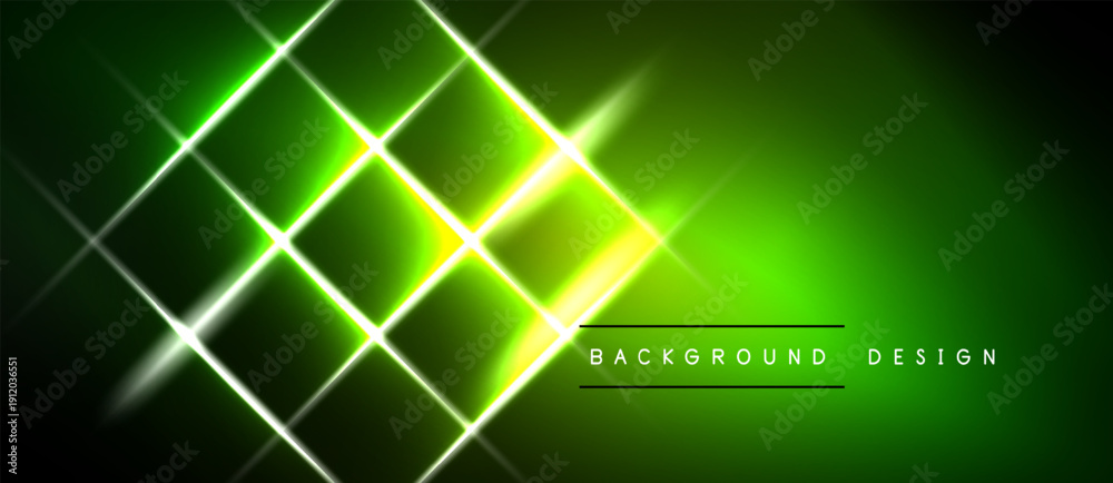Naklejka premium Bright neon grid pattern. Green hues dominate, creating futuristic visual effect. Lines intersect forming diamond shapes. Dark background enhances glow.