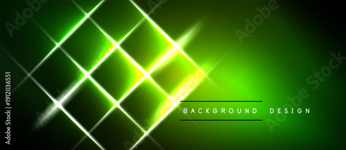Bright neon grid pattern. Green hues dominate, creating futuristic visual effect. Lines intersect forming diamond shapes. Dark background enhances glow.