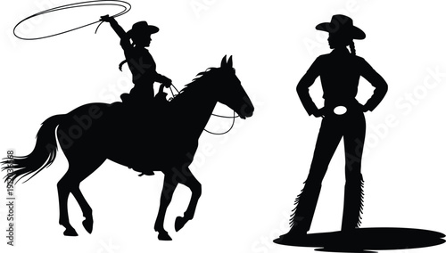 Cowgirl Silhouette Set Featuring Woman Riding Horse with Lasso and Standing Figure for Western Rodeo Country Lifestyle and American Heritage
