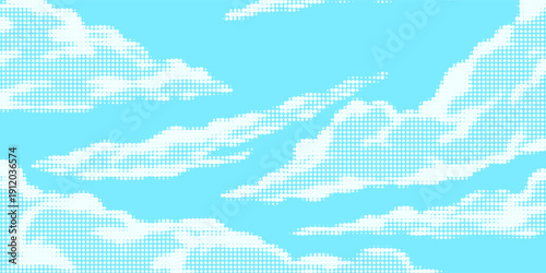 Dotted comic cloud background. White halftone clouds in blue sky. Pop art heaven wallpaper for banner, brochure, collage, poster, leaflet. Pixelated smoke, smog or fog texture. Vector illustration