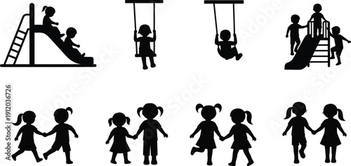 Silhouette of children playing on playground equipment isolated on transparent background