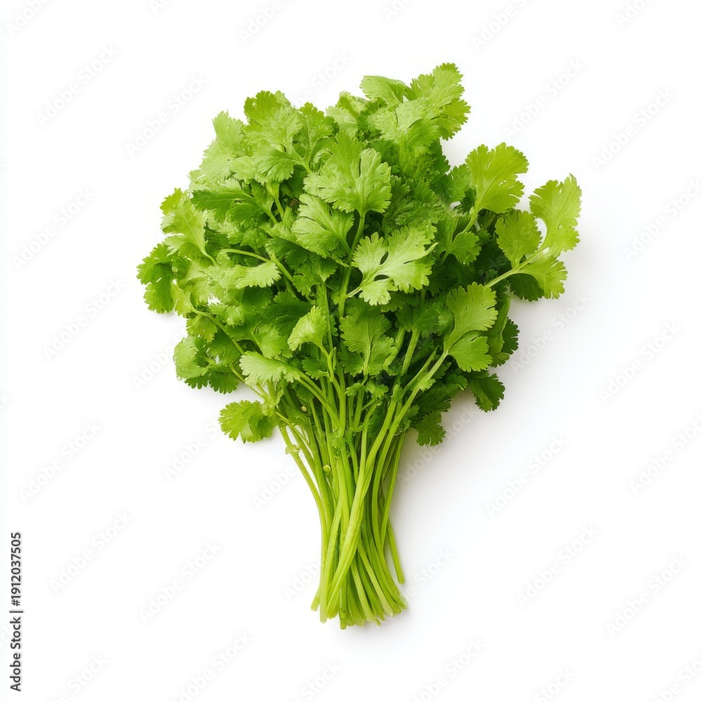 Fototapeta premium Fresh Green Coriander Herb Bundle Perfect for Cooking, Garnishing, and Adding Flavor to Dishes in a White Background