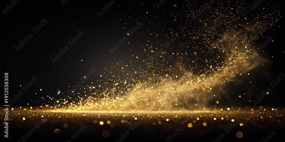 Obraz premium A cascade of golden glitter particles shimmering and swirling against a deep black background, creating a sense of luxury and magic.