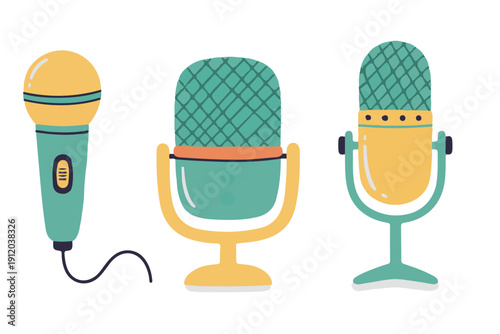 Professional microphone set for podcast and broadcast equipment illustration, retro and modern mic icons in flat hand drawn style