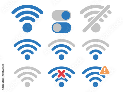 WiFi connection and wireless network status vector icon set with signal strength bars, toggle switch, no internet symbol, error cross and warning alert for app interface design