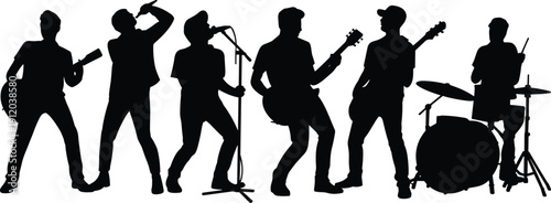 Rock Band Silhouette Set Illustration Showing Musicians Performing Live Concert, Guitarist, Singer and Drummer Poses, Music Group Performance Concept, Black and White Isolated Design