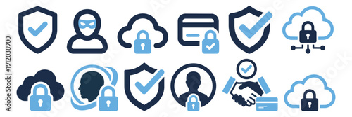 Cloud cybersecurity and data protection vector icon set with shield security, user authentication, encrypted cloud storage, secure login and privacy protection symbols for digital networks