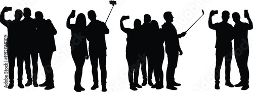 Large collection of black silhouette figures of friends and couples taking selfies with mobile phones and selfie sticks while standing in various groups