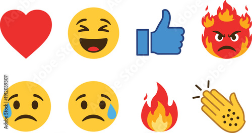 Emoji reaction icon set featuring love smile laugh thumbs up fire sad crying clap flat vector illustration design
