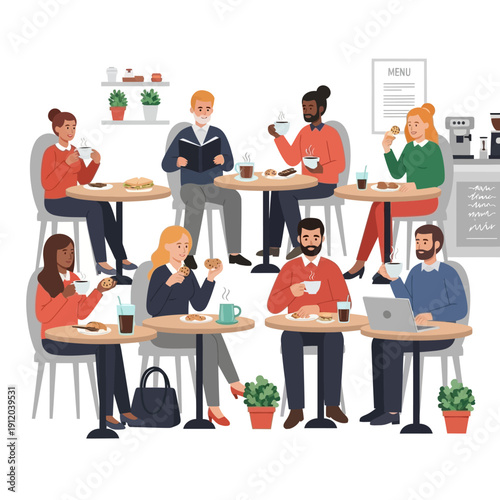 Diverse people enjoying coffee and snacks at a cozy cafe, working and socializing