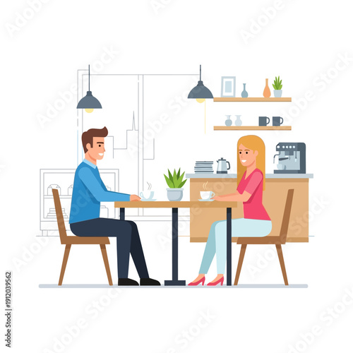 Couple enjoying coffee break at cafe, modern interior, casual meeting