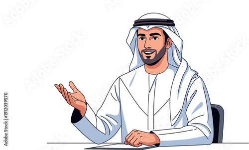 Illustration of a young Arab businessman in traditional attire is seated at his workplace, isolated on a white background