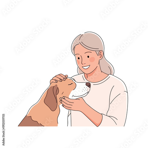 Happy woman petting her beloved dog, showing affection and friendship