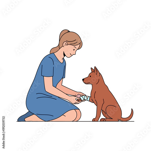 Caring woman bandages injured paw of loyal brown dog, showing compassion and first aid.