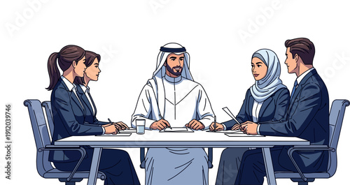 Illustration of Arab and Western businesspeople holding a joint business meeting, isolated on a white background