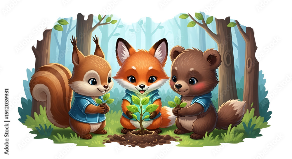 Naklejka premium Cute cartoon forest animals planting a tree- squirrel fox and bear environmental care and nature conservation