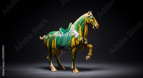 Glazed ceramic horse statue with green and yellow patterns, displayed against a dark background