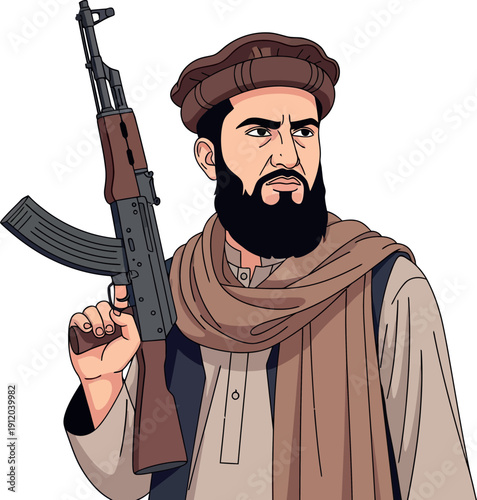 Photos Illustration of a bearded Afghan warrior dressed in brown tones, holding an AK47