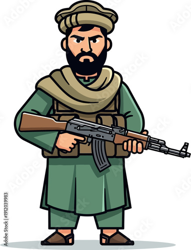 Obraz na plátne Illustration of a bearded Afghan warrior dressed in green tones, holding an AK47