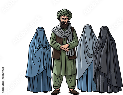 Illustration of a traditionally dressed Afghan man accompanied by women fully covered from head to toe, isolated on white background