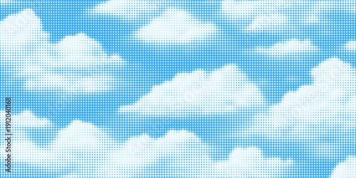 Halftone cloud background. White dotted clouds in blue sky. Comic pop art heaven wallpaper for banner, collage, poster, leaflet, brochure. Rasterized smoke, smog or fog texture. Vector illustration