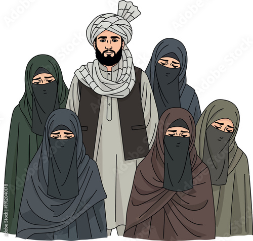 Illustration of a traditionally dressed Afghan man accompanied by women fully covered from head to toe, isolated on white background