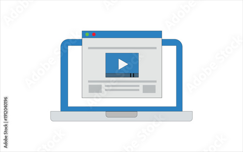 Laptop screen displaying online video player interface. Represents digital streaming, web content, and multimedia playback concept. Flat Illustrator vector file. High quality image
