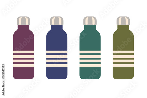 Minimalist reusable water bottle set with stripe pattern, modern colorful hydration flask illustration for outdoors and sports