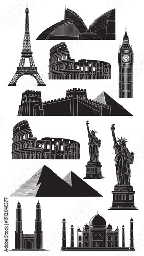 Collage of Global Landmarks Featuring Iconic Structures from Europe, Americas, and Africa.