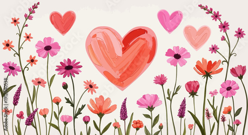 Colorful floral hearts with whimsical flowers on white background