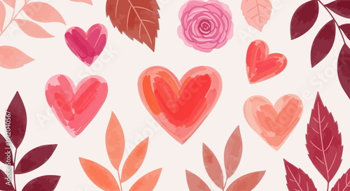 Whimsical heart and leaf pattern with rose accents in warm hues