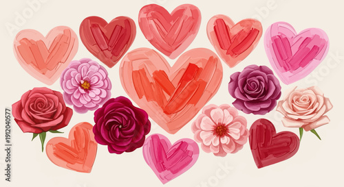 Colorful heart and flower pattern with romantic floral design elements
