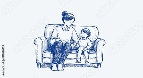 Mother and child sitting on sofa in hand drawn sketch style