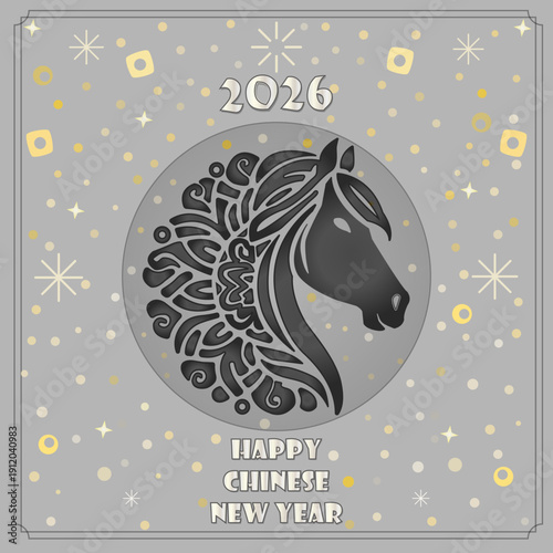 Happy Chinese New Year 2026 dark ornamental horse head on silver and gold background